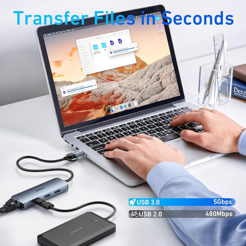 Benfei USB-C USB 3.0 to Gigabit Ethernet Adapter, 3-Port USB 3.0 Hub with RJ45 Compatible with MacBook Pro/Air 2023, iPad Pro, iMac, S23, XPS 17, Surface Book 3 and More - Image 5